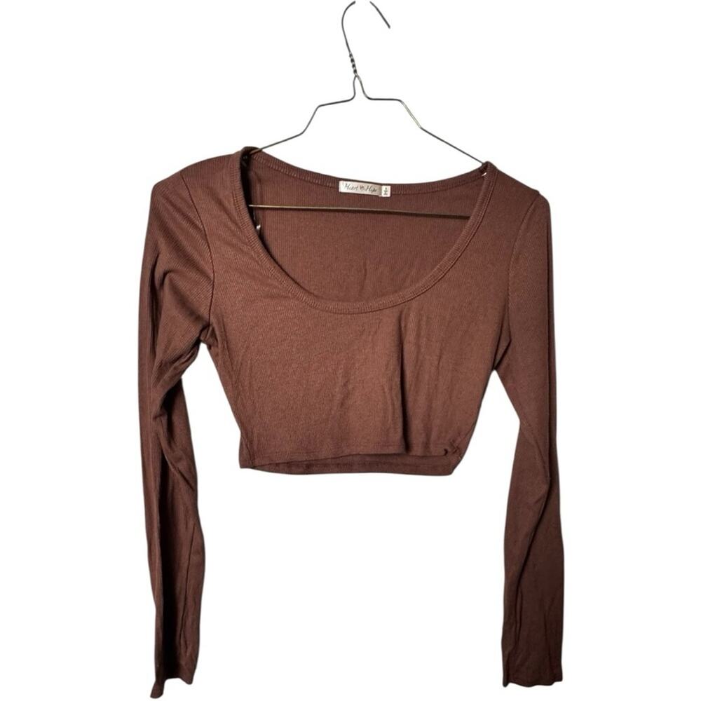 Heart Hips Brown Fitted Crop Long Sleeve Top Sz S